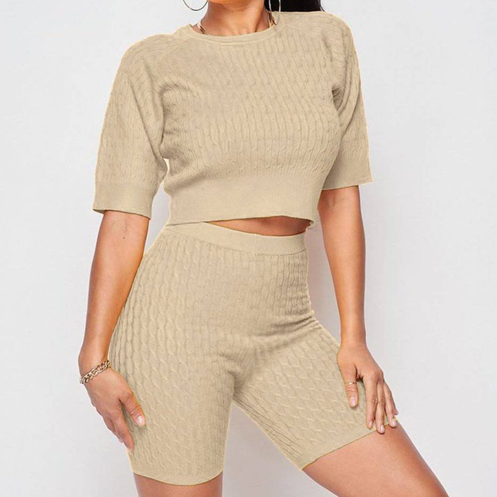 Beige Two Piece Knit Short Set